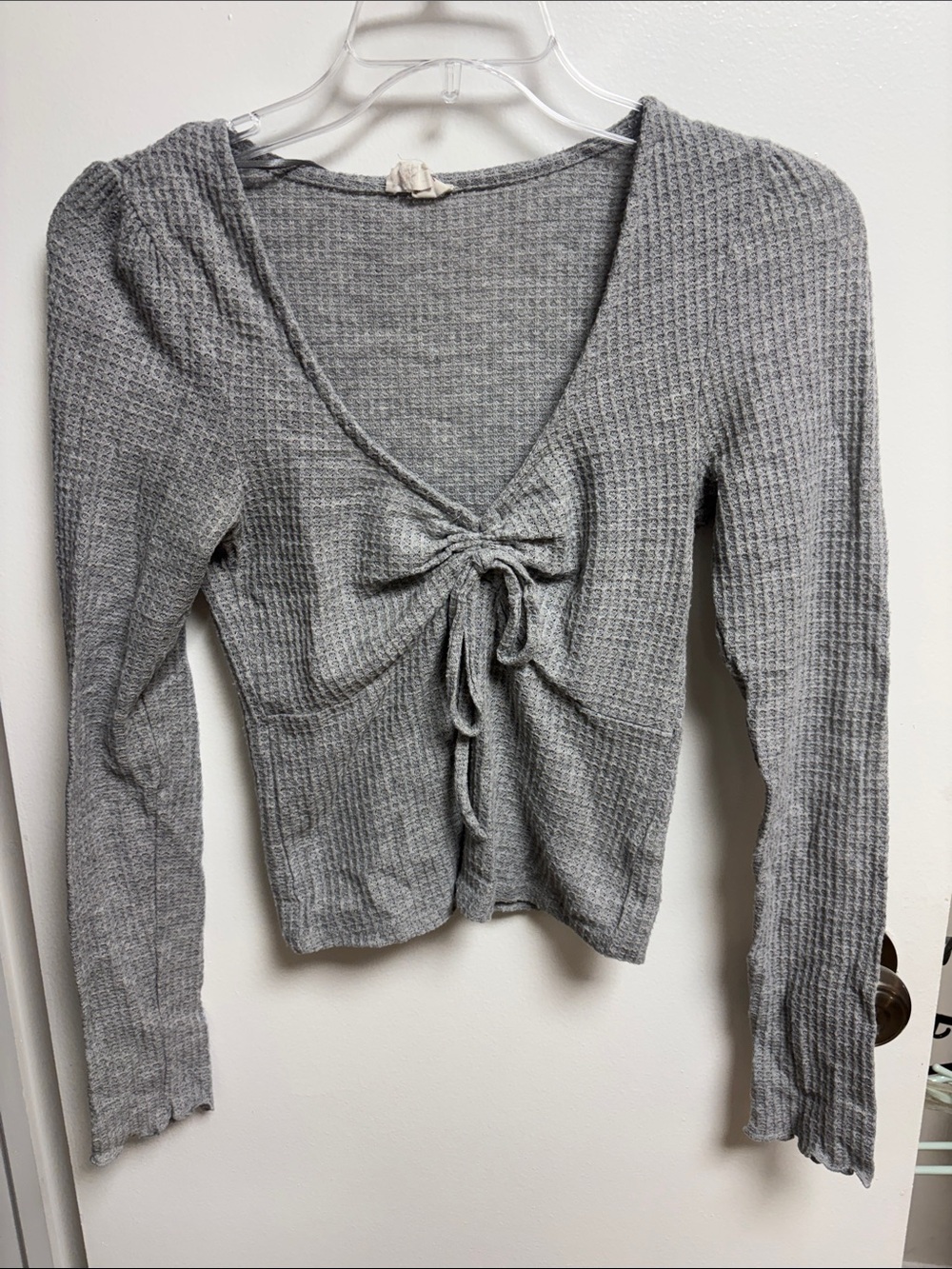 Pink Rose Gray Ribbed Tie-Front Long Sleeve Top